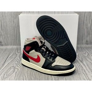 Nike Women's Air Jordan 1 Mid Shoes Black Grey Red Sail BQ6472-060 Size 5.5